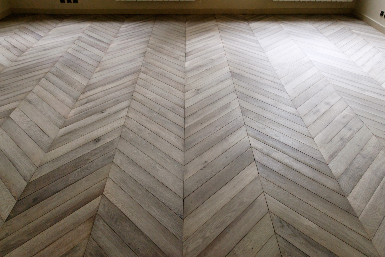 Leached gray oak parquet floor