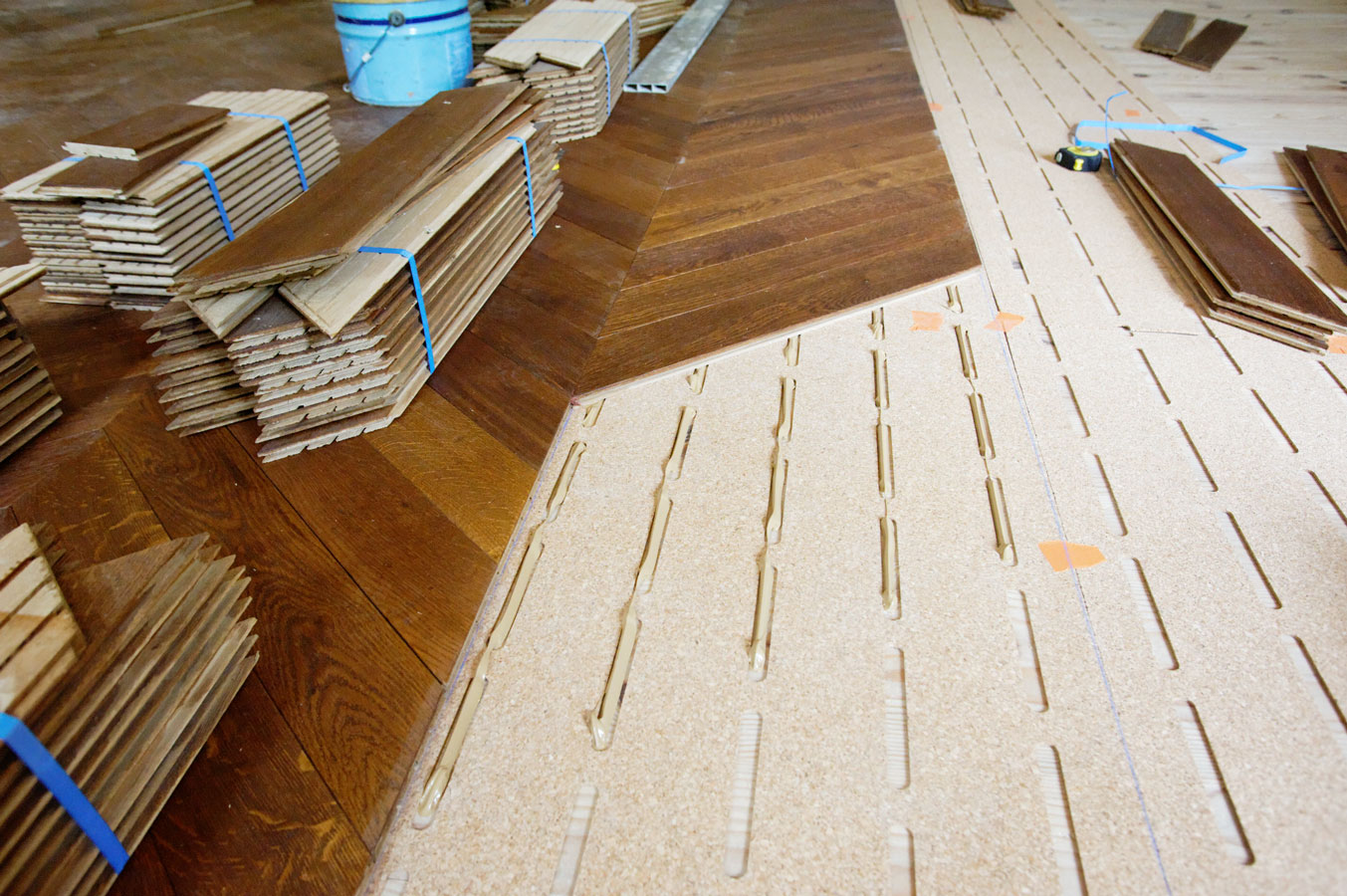 Chevron parquet floor glued